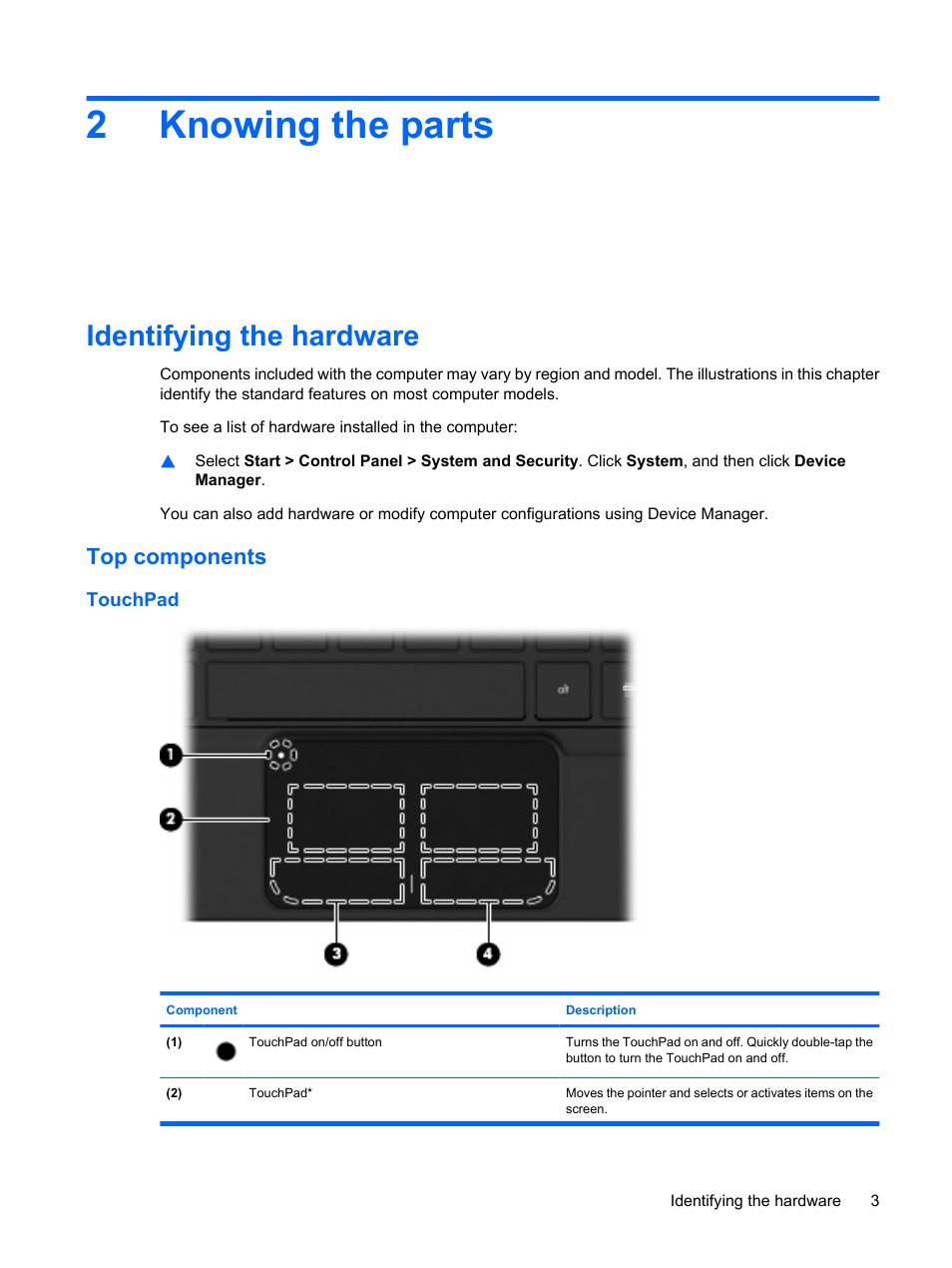 Knowing the parts, Identifying the hardware, Top components | Touchpad, 2 knowing the parts, 2knowing the parts | HP Mini 210-1020EH PC User Manual | Page 11 / 93