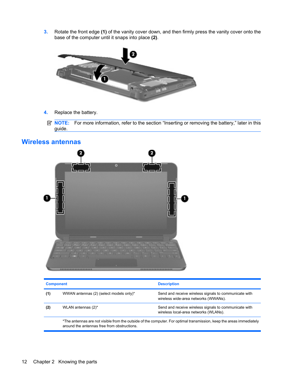 Wireless antennas | HP Mini 210-1020EH PC User Manual | Page 20 / 93