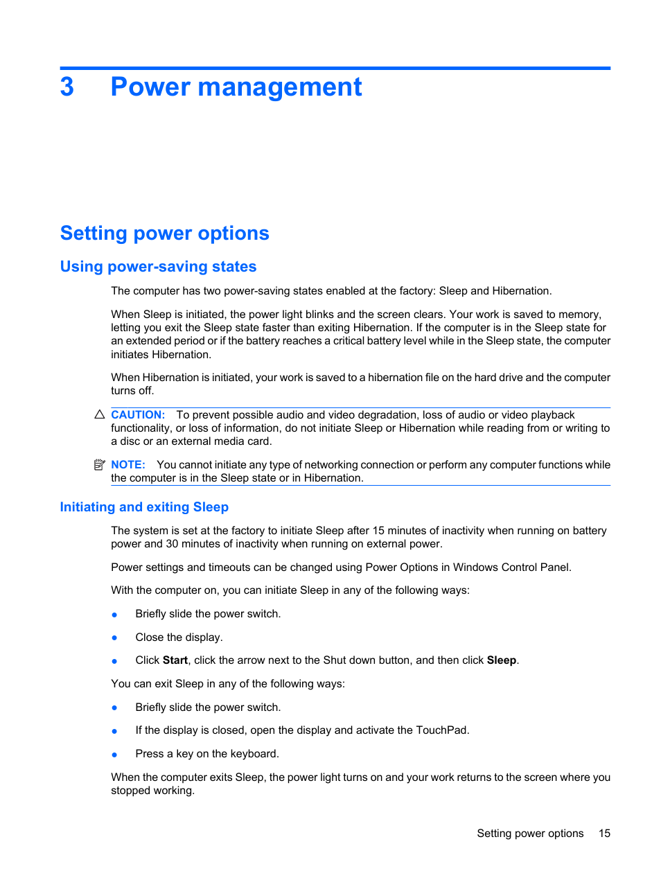 Power management, Setting power options, Using power-saving states | Initiating and exiting sleep, 3 power management, 3power management | HP Mini 210-1020EH PC User Manual | Page 23 / 93