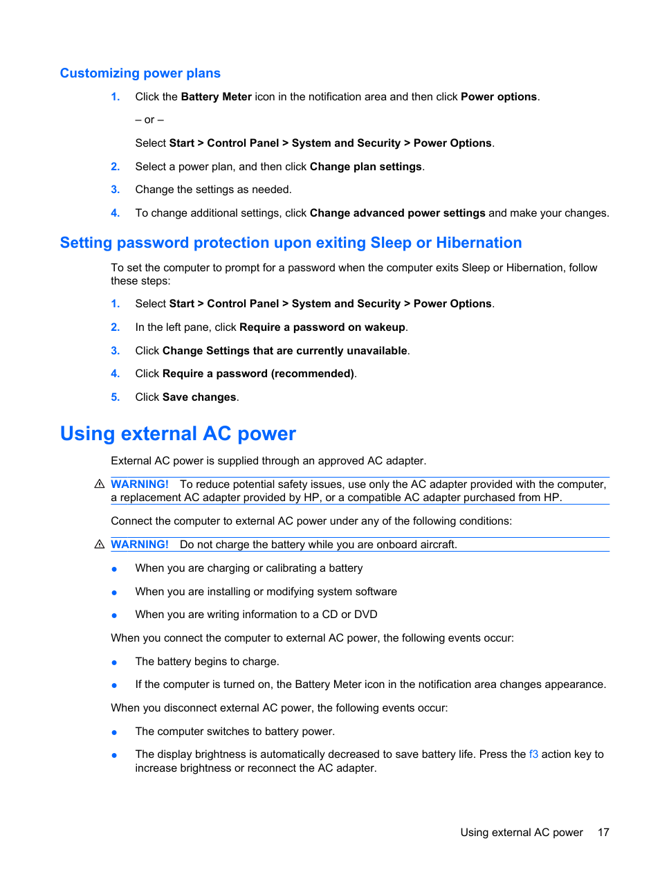Customizing power plans, Using external ac power | HP Mini 210-1020EH PC User Manual | Page 25 / 93