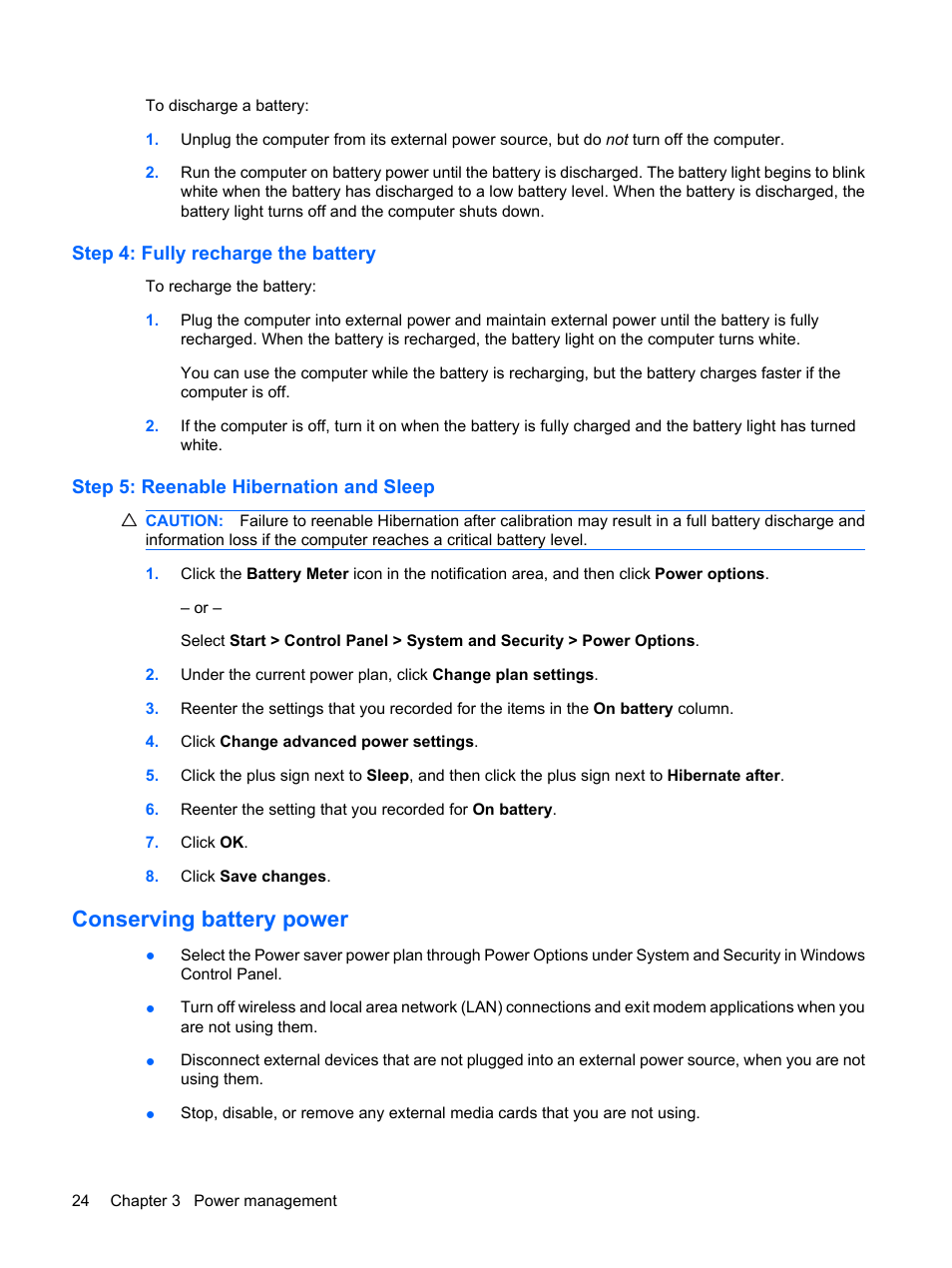 Step 4: fully recharge the battery, Step 5: reenable hibernation and sleep, Conserving battery power | HP Mini 210-1020EH PC User Manual | Page 32 / 93