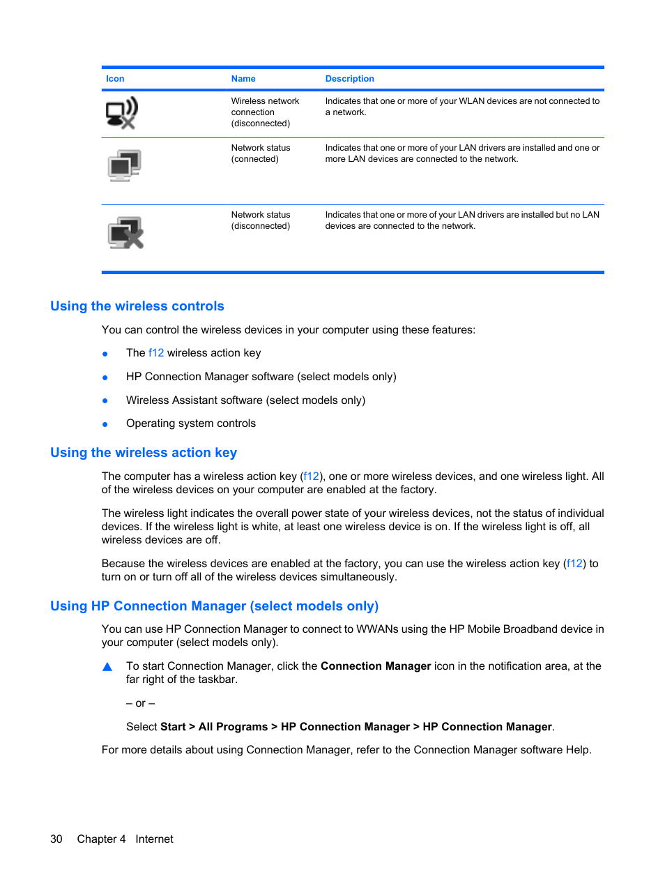 Using the wireless controls, Using the wireless action key, Using hp connection manager (select models only) | HP Mini 210-1020EH PC User Manual | Page 38 / 93