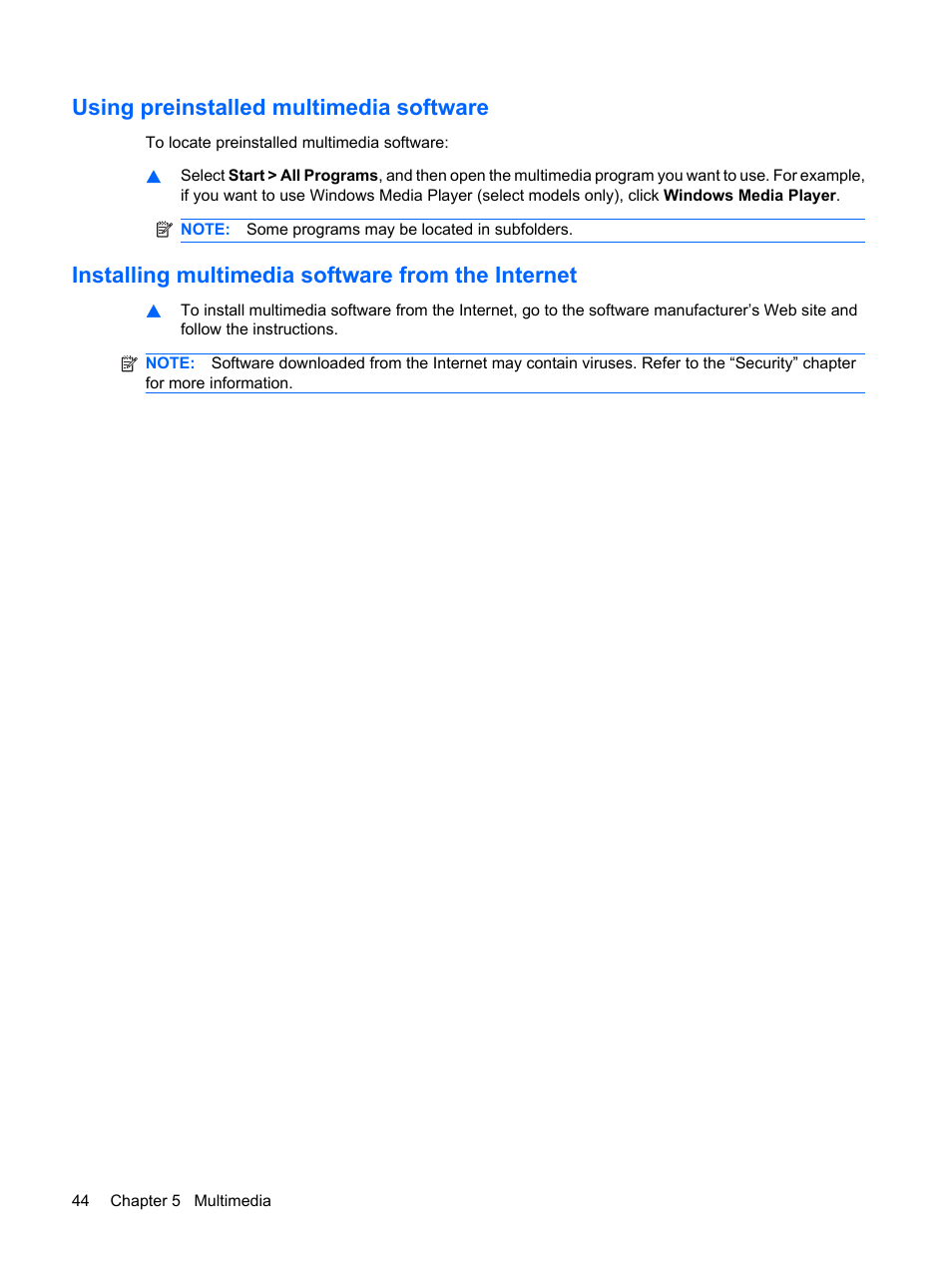 Using preinstalled multimedia software, Installing multimedia software from the internet | HP Mini 210-1020EH PC User Manual | Page 52 / 93