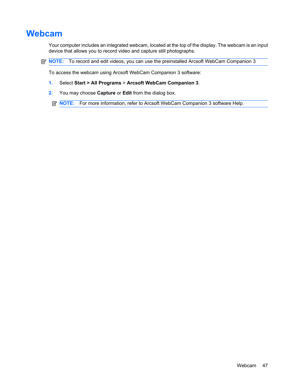 Webcam | HP Mini 210-1020EH PC User Manual | Page 55 / 93