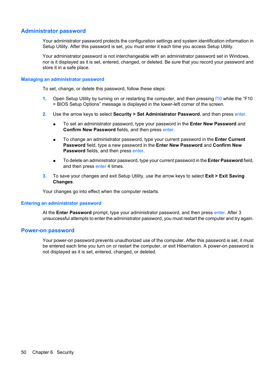 Administrator password, Managing an administrator password, Entering an administrator password | Power-on password | HP Mini 210-1020EH PC User Manual | Page 58 / 93