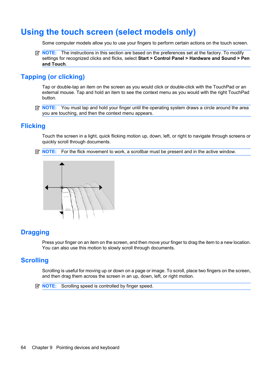 Using the touch screen (select models only), Tapping (or clicking), Flicking | Dragging, Scrolling, Tapping (or clicking) flicking dragging scrolling | HP Mini 210-1020EH PC User Manual | Page 72 / 93