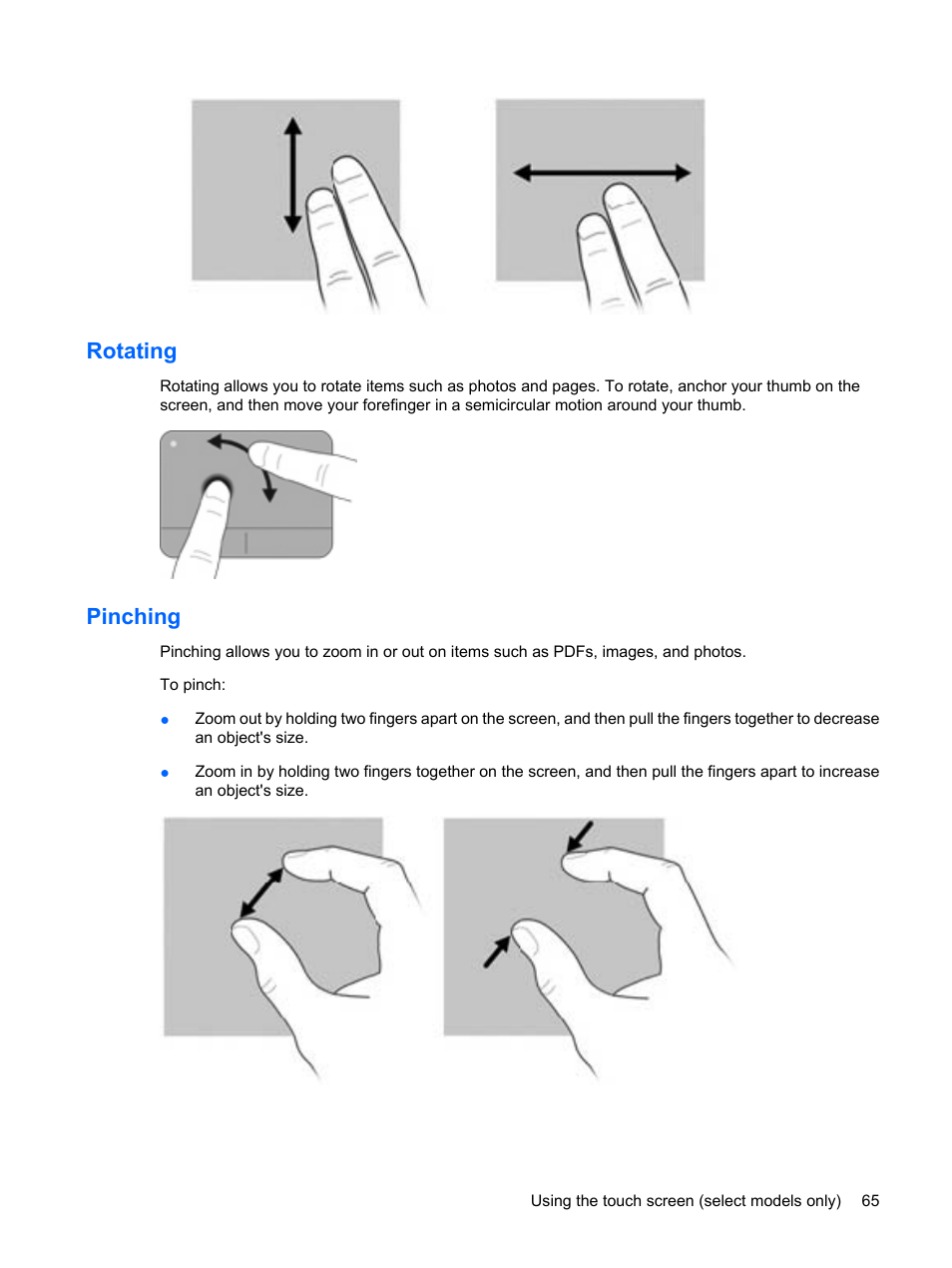 Rotating, Pinching, Rotating pinching | HP Mini 210-1020EH PC User Manual | Page 73 / 93