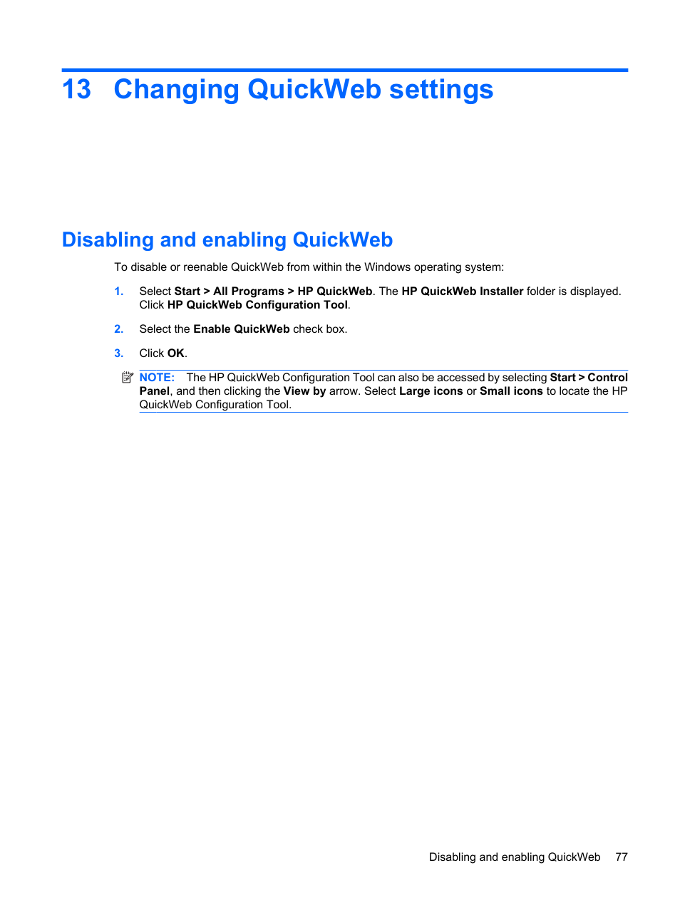 Changing quickweb settings, Disabling and enabling quickweb, 13 changing quickweb settings | HP Mini 210-1020EH PC User Manual | Page 85 / 93