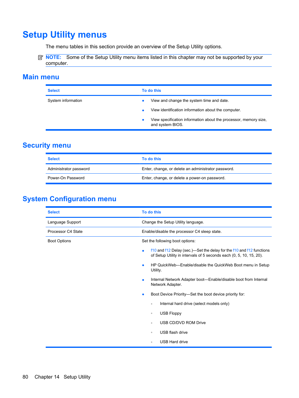 Setup utility menus, Main menu, Security menu | System configuration menu, Main menu security menu system configuration menu | HP Mini 210-1020EH PC User Manual | Page 88 / 93