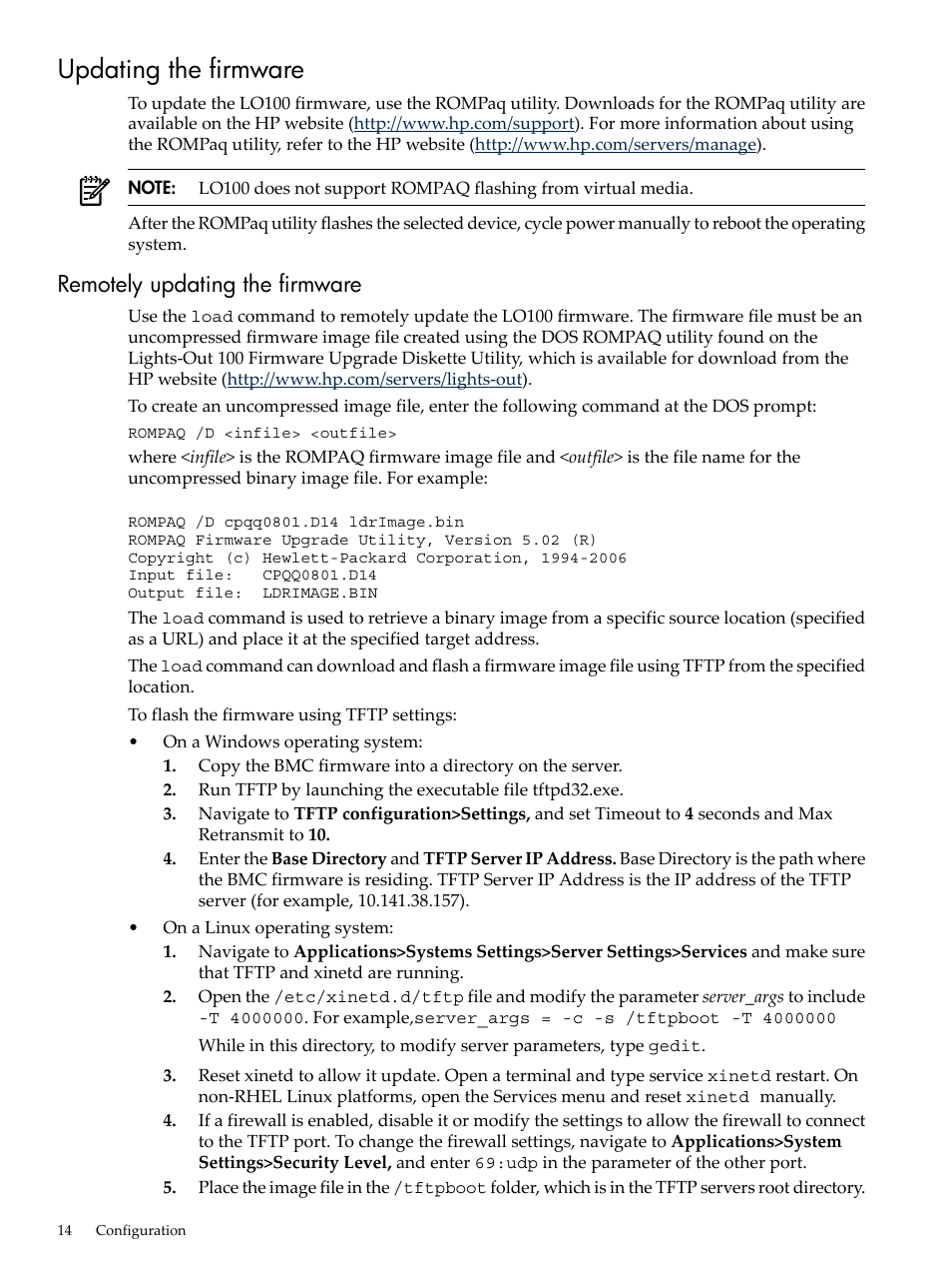 Updating the firmware, Remotely updating the firmware | HP Lights-Out 100 Remote Management User Manual | Page 14 / 62