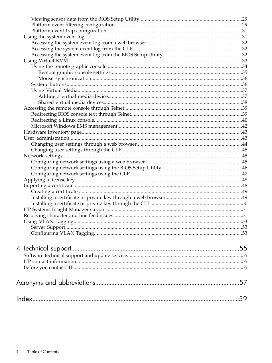 4 technical support, Acronyms and abbreviations index | HP Lights-Out 100 Remote Management User Manual | Page 4 / 62
