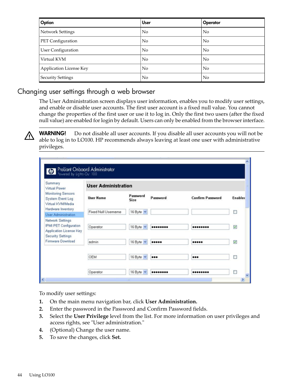 Changing user settings through a web browser | HP Lights-Out 100 Remote Management User Manual | Page 44 / 62