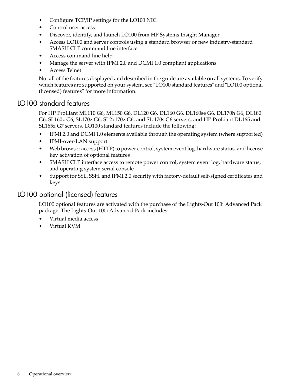 Lo100 standard features, Lo100 optional (licensed) features | HP Lights-Out 100 Remote Management User Manual | Page 6 / 62