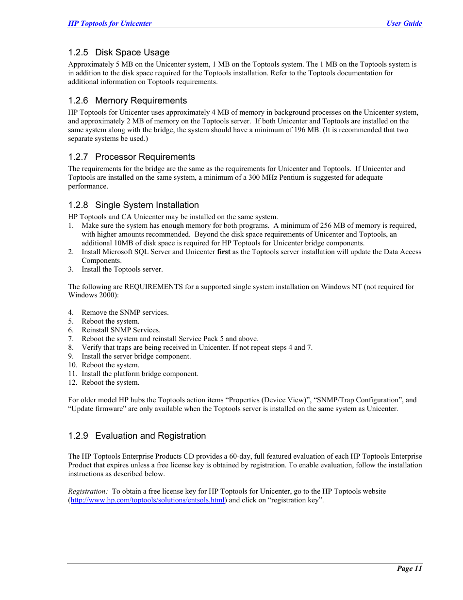 Disk space usage, Memory requirements, Processor requirements | Single system installation, Evaluation and registration | HP TopTools User Manual | Page 11 / 85