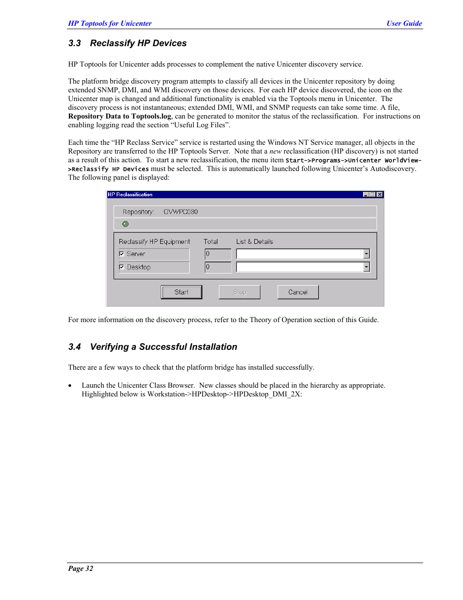 Reclassify hp devices, Verifying a successful installation, Eclassify | Hp d, Evices, Erifying a, Uccessful, Nstallation | HP TopTools User Manual | Page 32 / 85