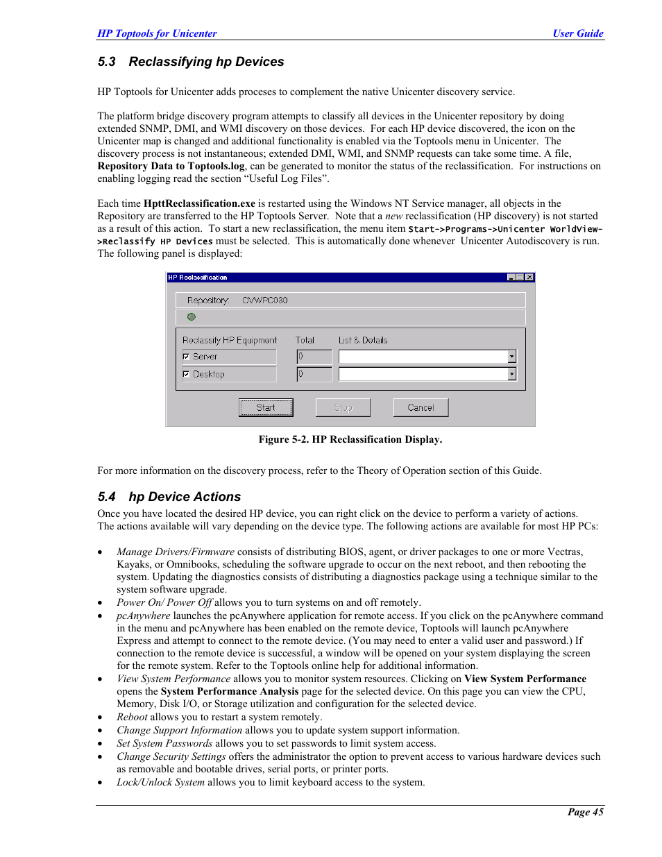 Reclassifying hp devices, Hp device actions, Eclassifying hp | Evices, Evice, Ctions | HP TopTools User Manual | Page 45 / 85