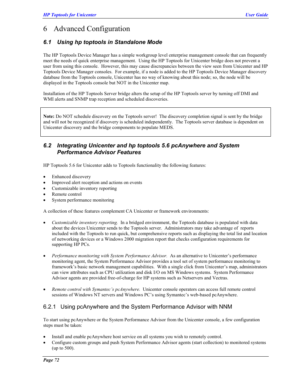 Advanced configuration, Using hp toptools in standalone mode, Sing hp toptools in | Tandalone, Ntegrating, Nicenter and hp toptools, Nywhere and, Ystem, Erformance, Dvisor | HP TopTools User Manual | Page 72 / 85