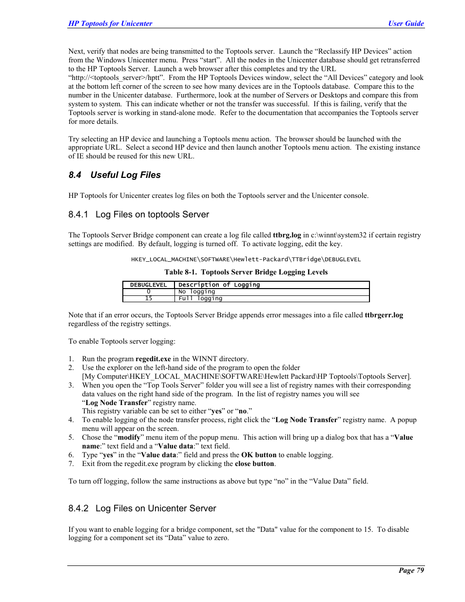 Useful log files, Log files on toptools server, Log files on unicenter server | Seful, Iles | HP TopTools User Manual | Page 79 / 85
