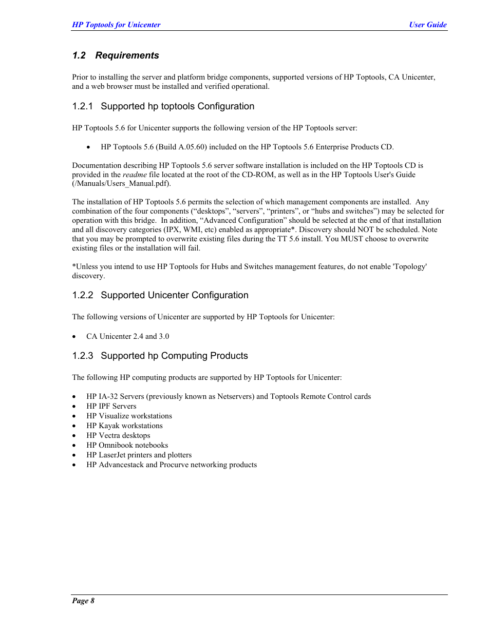 Requirements, Supported hp toptools configuration, Supported unicenter configuration | Supported hp computing products, Equirements | HP TopTools User Manual | Page 8 / 85