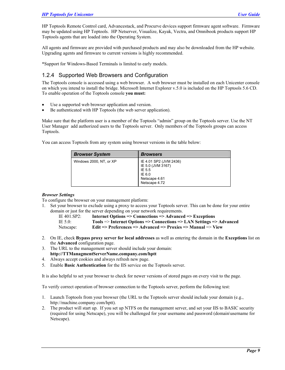 Supported web browsers and configuration | HP TopTools User Manual | Page 9 / 85