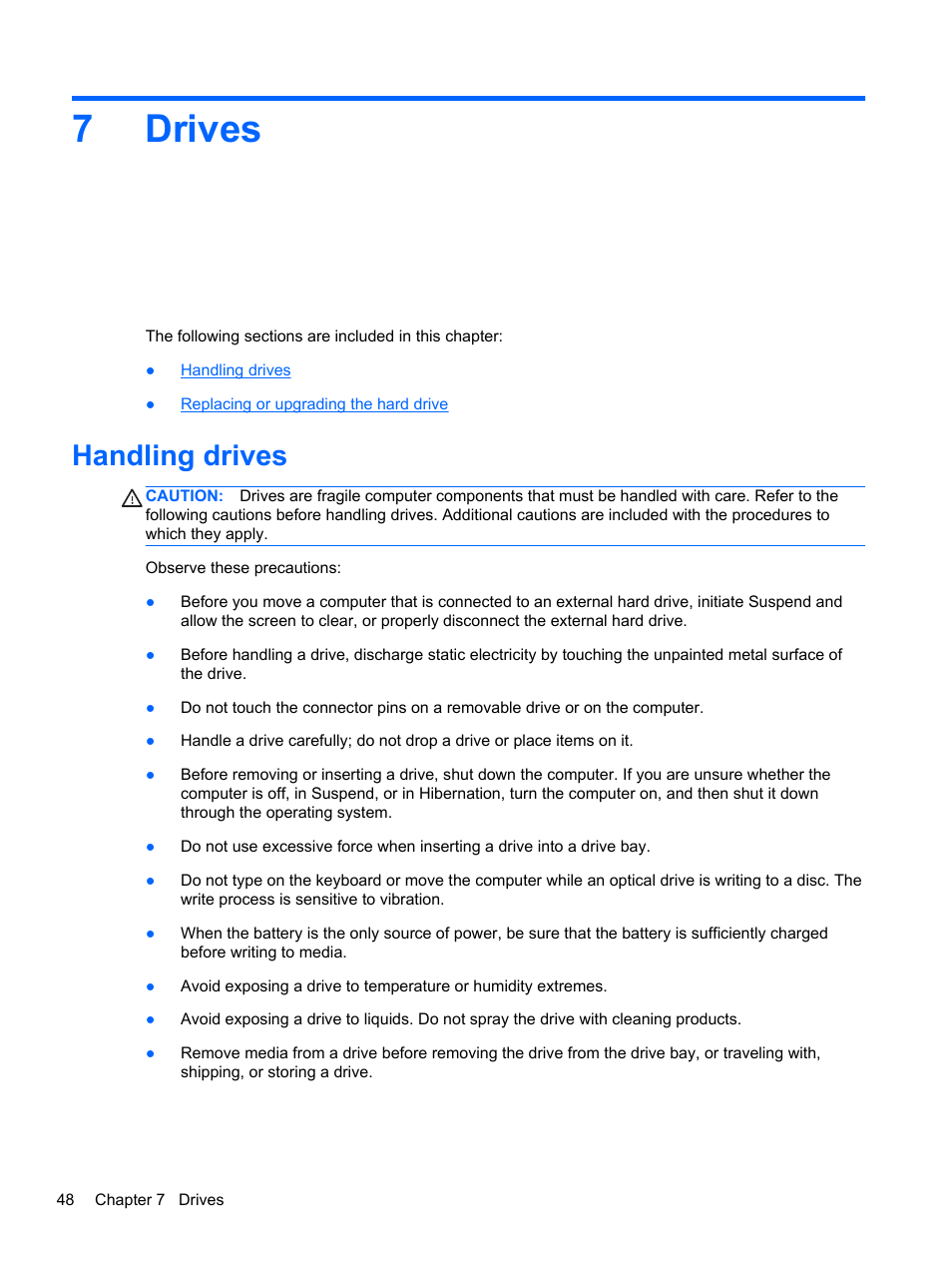 Drives, Handling drives, 7 drives | 7drives | HP ProBook 4435s Notebook-PC User Manual | Page 58 / 108