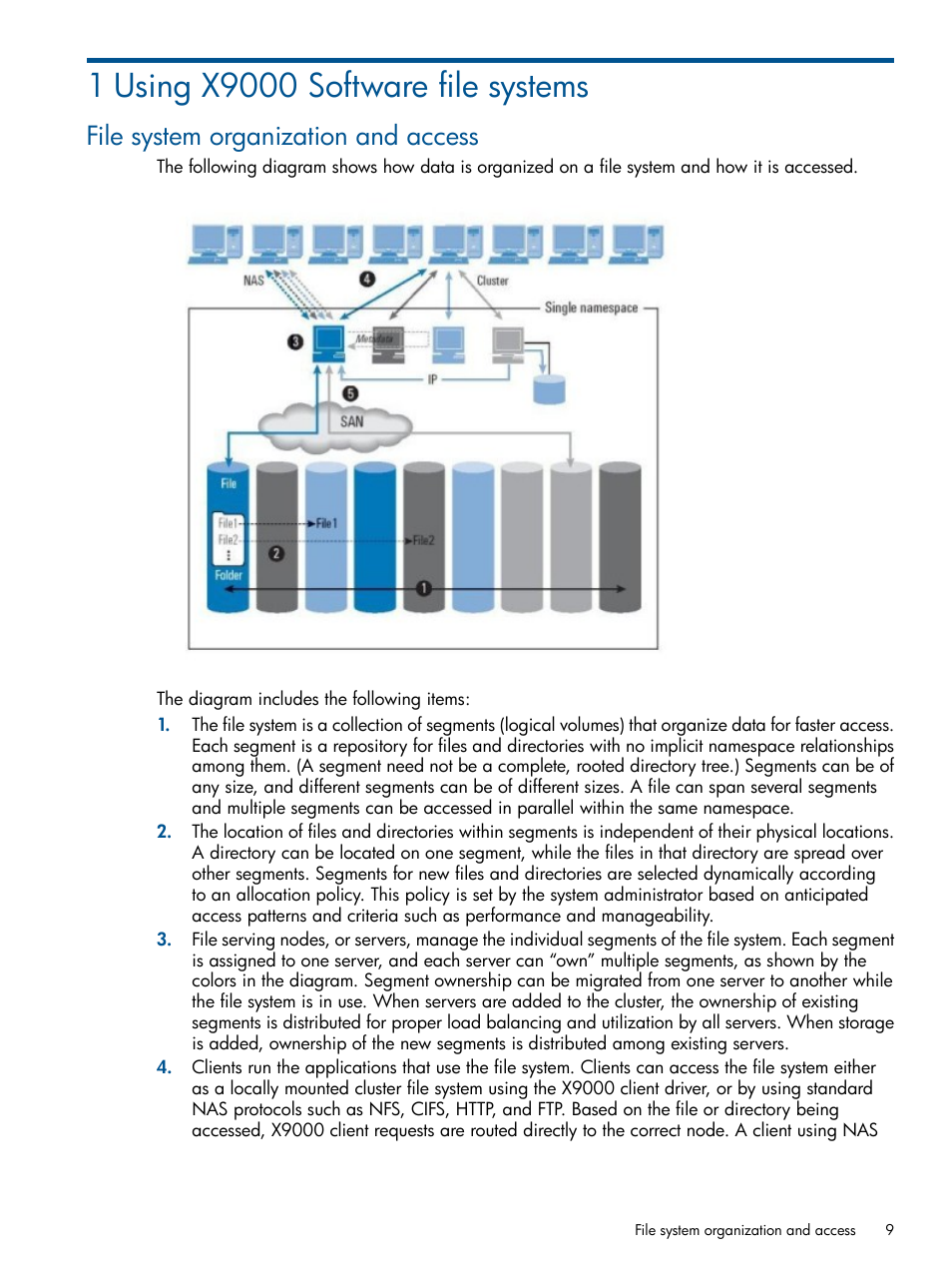 1 using x9000 software file systems, File system organization and access | HP StoreAll Storage User Manual | Page 9 / 165
