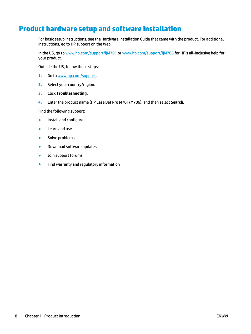 Product hardware setup and software installation | HP LaserJet Pro M701 Printer series User Manual | Page 16 / 98