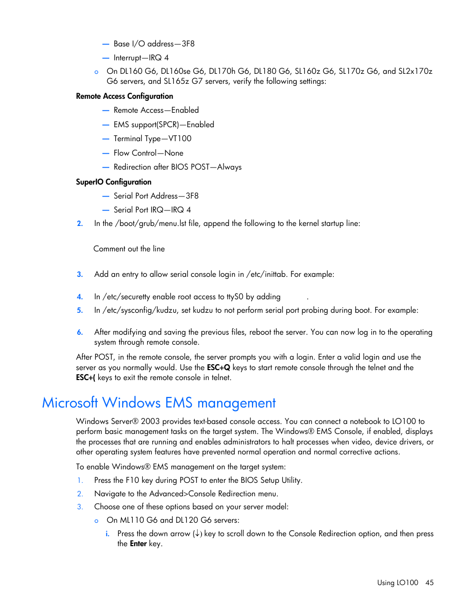 Microsoft windows ems management | HP ProLiant SL165z G7 Server User Manual | Page 45 / 66