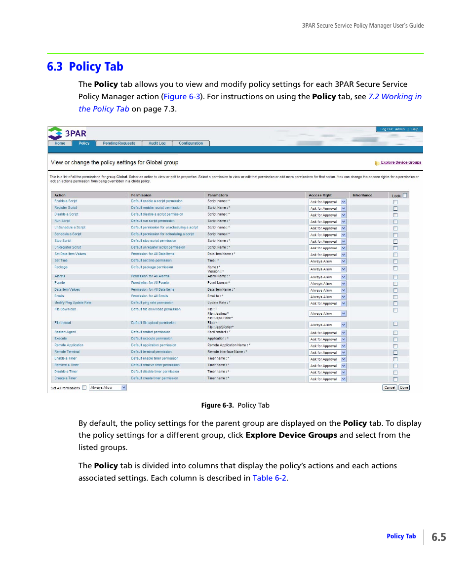 3 policy tab, Policy tab | HP 3PAR Service Processors User Manual | Page 35 / 78