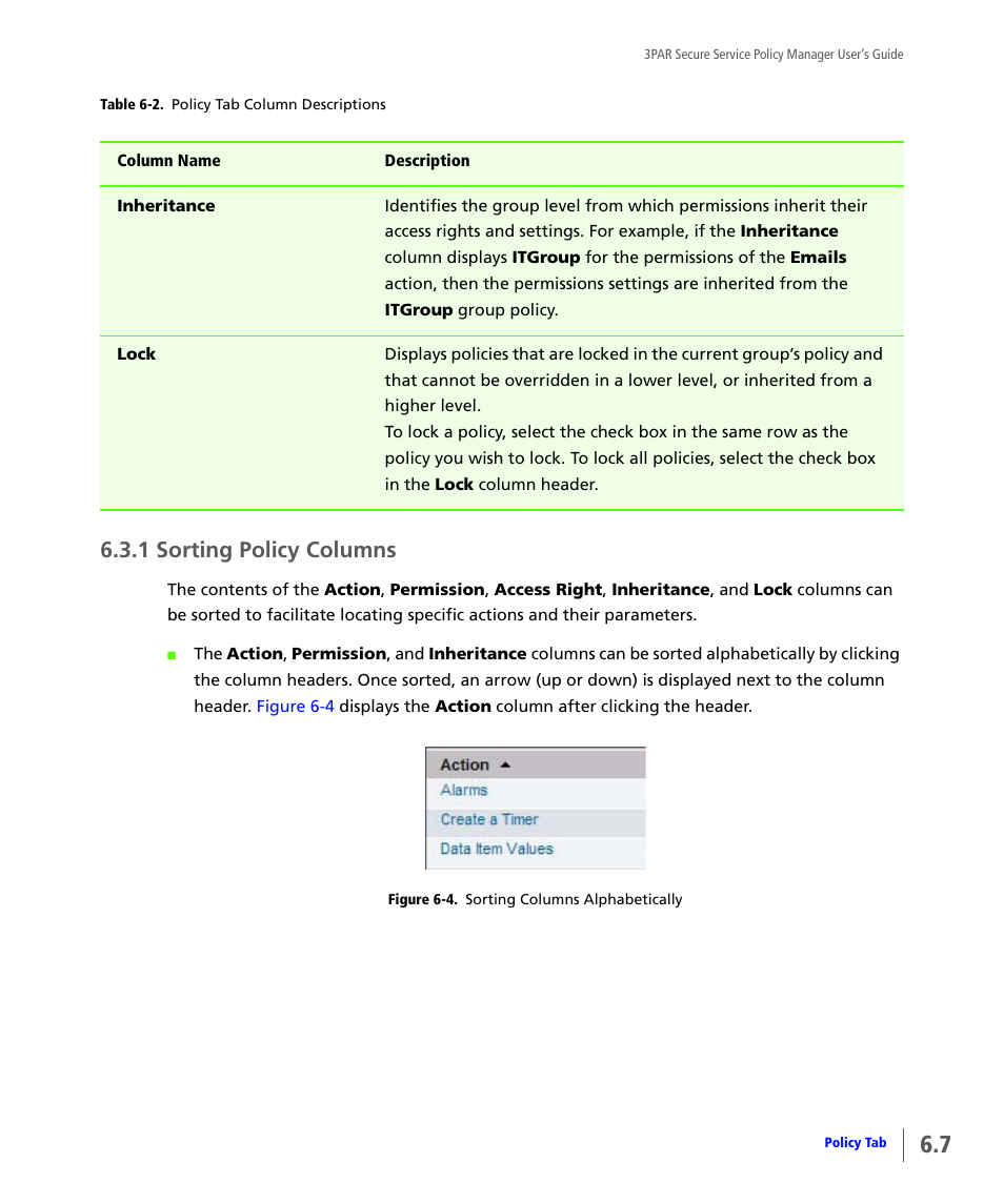 1 sorting policy columns, Sorting policy columns | HP 3PAR Service Processors User Manual | Page 37 / 78