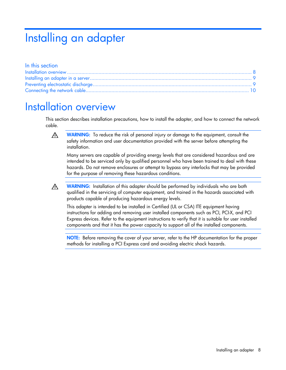 Installing an adapter, Installation overview | HP NC110T PCI Express Gigabit Server Adapter User Manual | Page 8 / 20