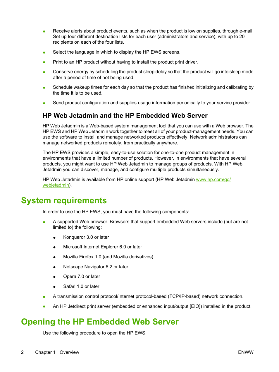 Hp web jetadmin and the hp embedded web server, System requirements, Opening the hp embedded web server | HP LaserJet M4345 Multifunction Printer series User Manual | Page 12 / 102
