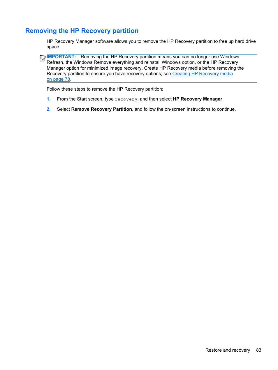 Removing the hp recovery partition | HP ENVY m4-1002xx Notebook PC User Manual | Page 93 / 99