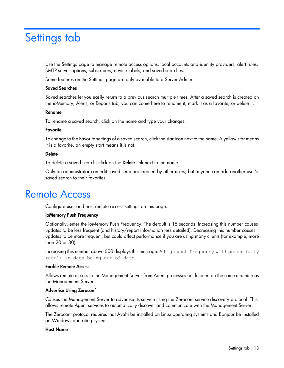 Settings tab, Remote access | HP IO Accelerator for BladeSystem c-Class User Manual | Page 18 / 42