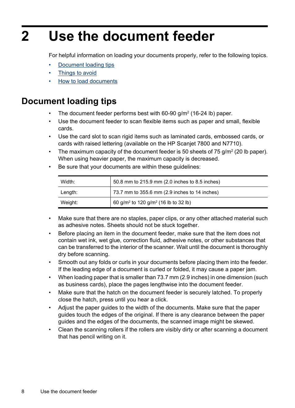 Use the document feeder, Document loading tips, 2 use the document feeder | 2use the document feeder | HP Scanjet N7710 Document Sheet-feed Scanner User Manual | Page 10 / 42