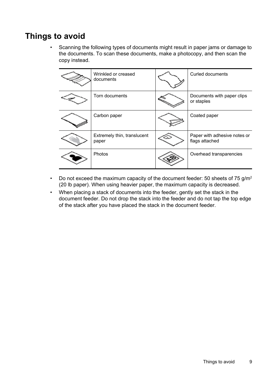 Things to avoid | HP Scanjet N7710 Document Sheet-feed Scanner User Manual | Page 11 / 42