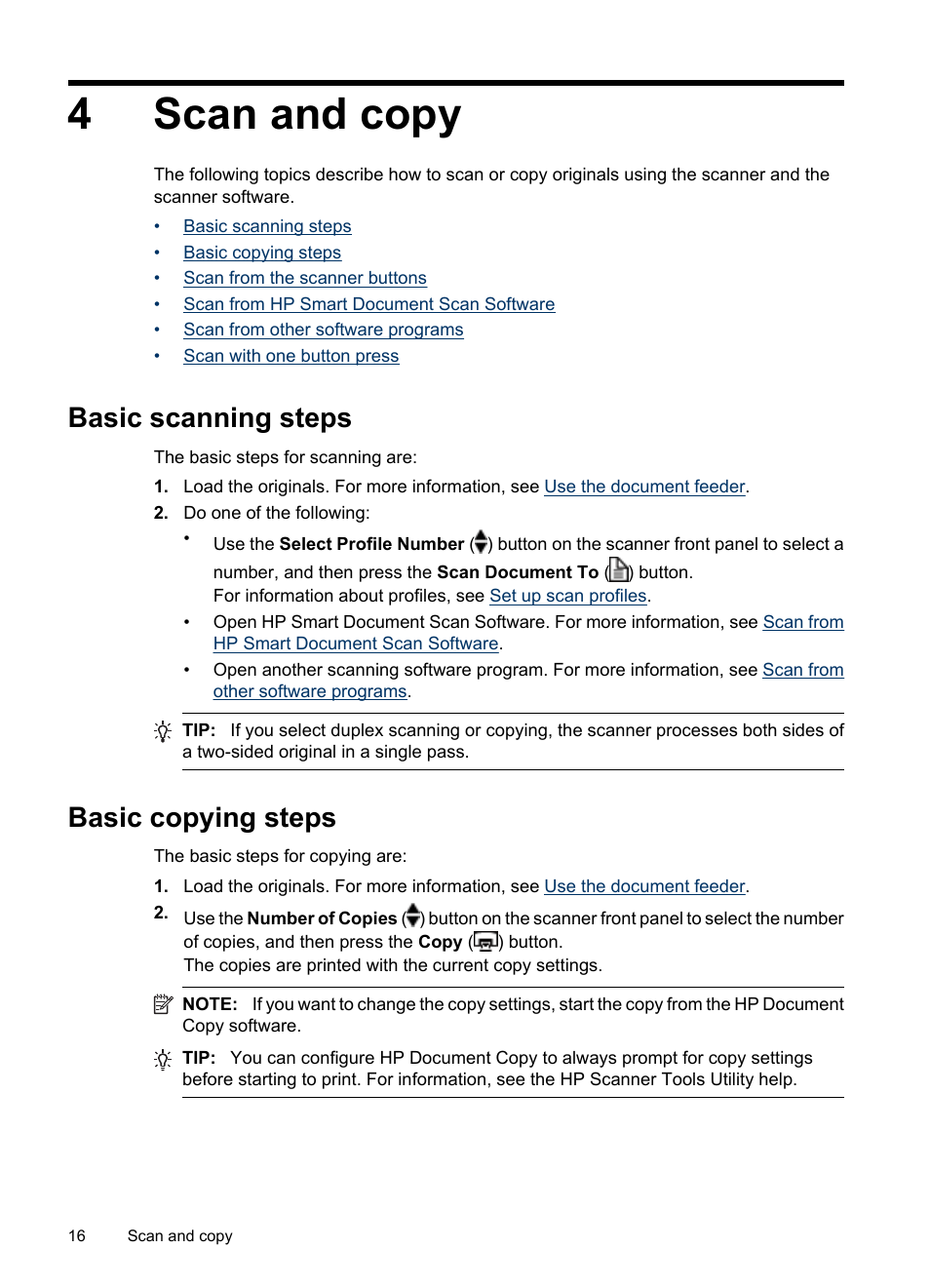 Scan and copy, Basic scanning steps, Basic copying steps | 4 scan and copy, Basic scanning steps basic copying steps, 4scan and copy | HP Scanjet N7710 Document Sheet-feed Scanner User Manual | Page 18 / 42