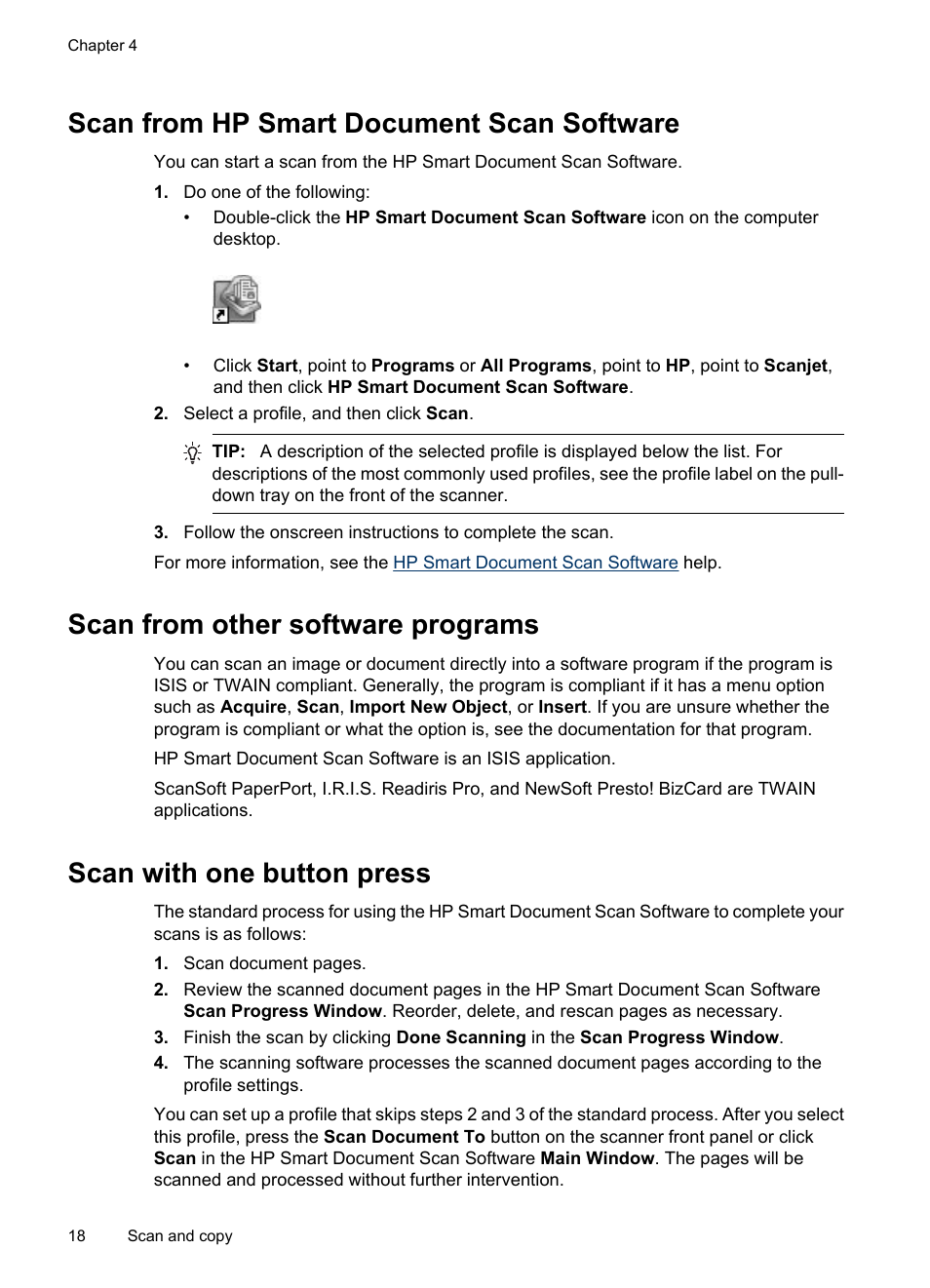 Scan from hp smart document scan software, Scan from other software programs, Scan with one button press | Scan from hp smart document scan, Software, Scan from, Hp smart document scan software, Other software programs | HP Scanjet N7710 Document Sheet-feed Scanner User Manual | Page 20 / 42