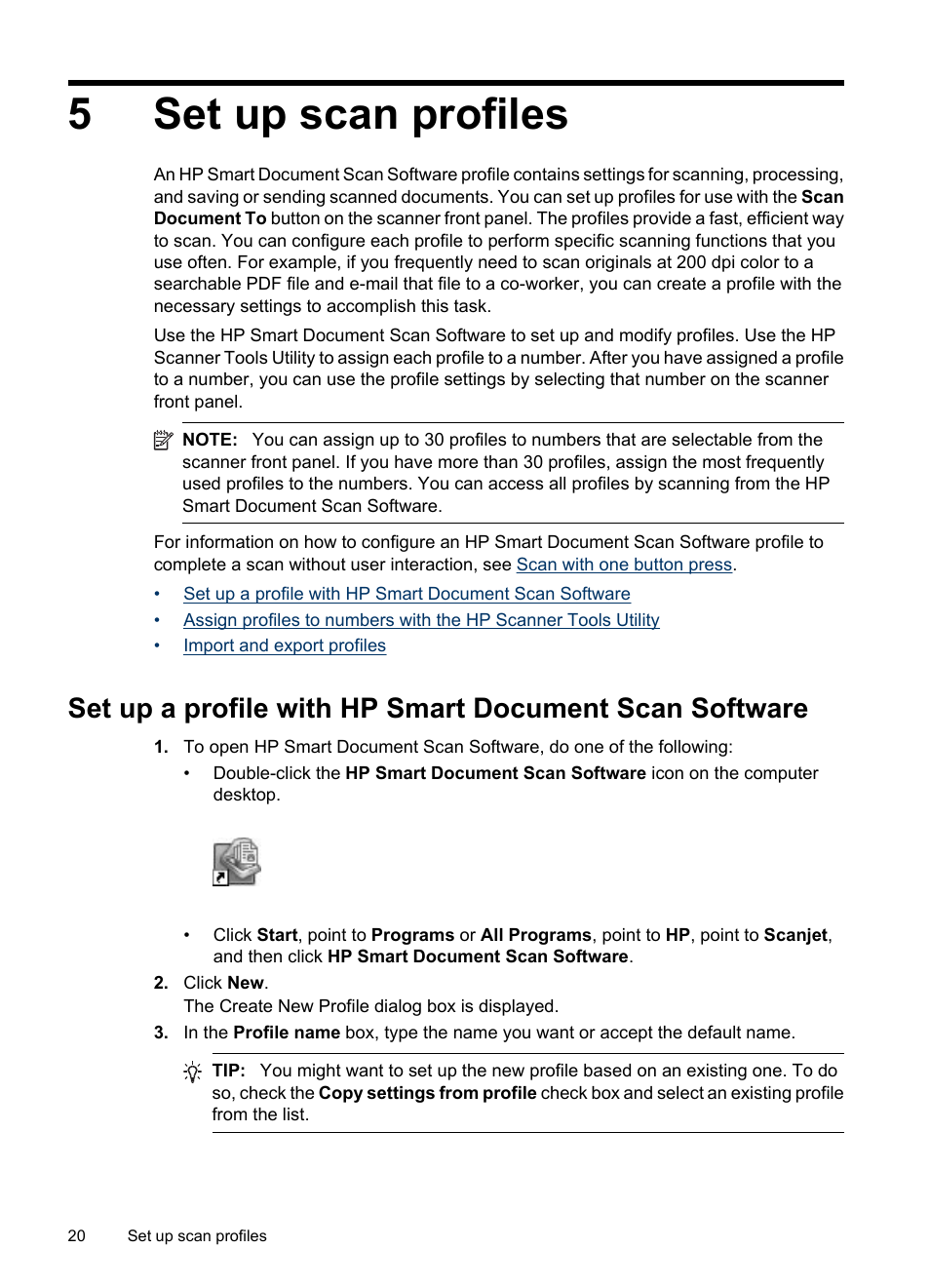 Set up scan profiles, 5 set up scan profiles, Set up scan | Profiles, 5set up scan profiles | HP Scanjet N7710 Document Sheet-feed Scanner User Manual | Page 22 / 42