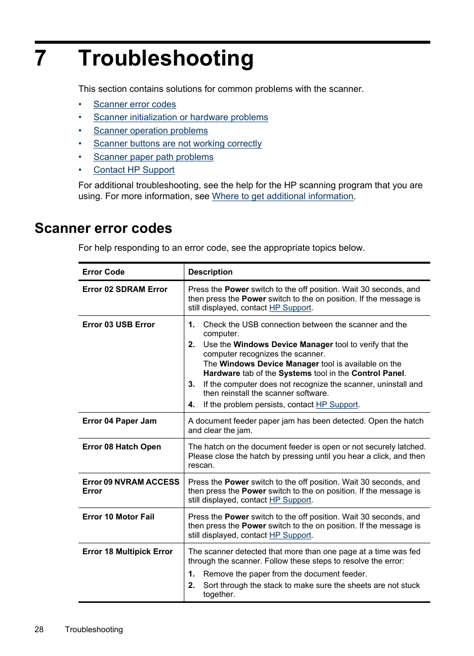Troubleshooting, Scanner error codes, 7 troubleshooting | 7troubleshooting | HP Scanjet N7710 Document Sheet-feed Scanner User Manual | Page 30 / 42
