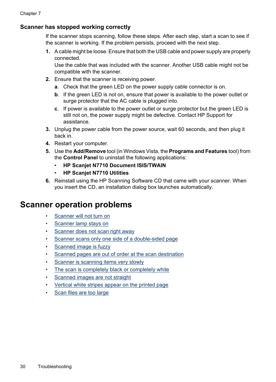 Scanner has stopped working correctly, Scanner operation problems | HP Scanjet N7710 Document Sheet-feed Scanner User Manual | Page 32 / 42