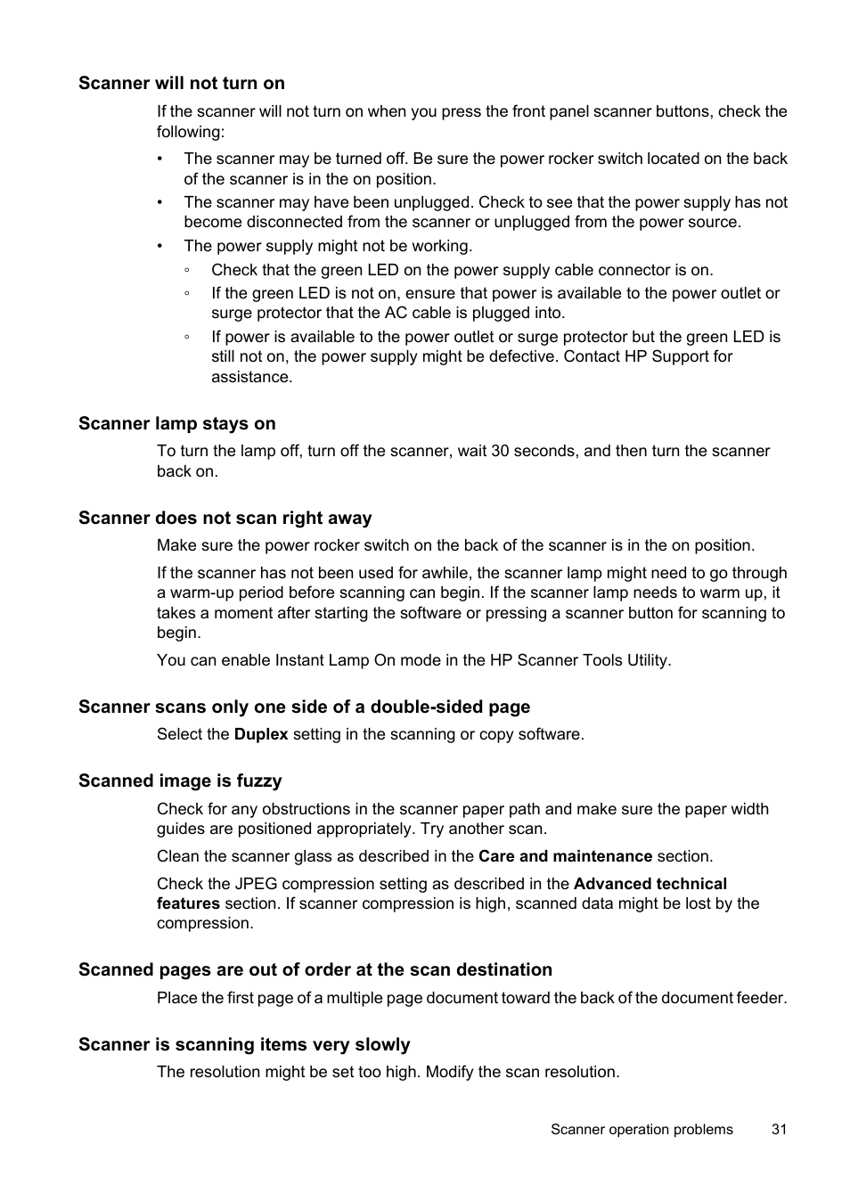 Scanner will not turn on, Scanner lamp stays on, Scanner does not scan right away | Scanned image is fuzzy, Scanner is scanning items very slowly | HP Scanjet N7710 Document Sheet-feed Scanner User Manual | Page 33 / 42