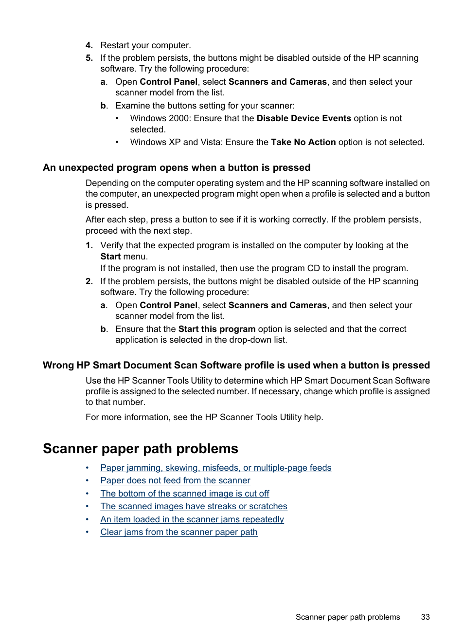 Scanner paper path problems | HP Scanjet N7710 Document Sheet-feed Scanner User Manual | Page 35 / 42