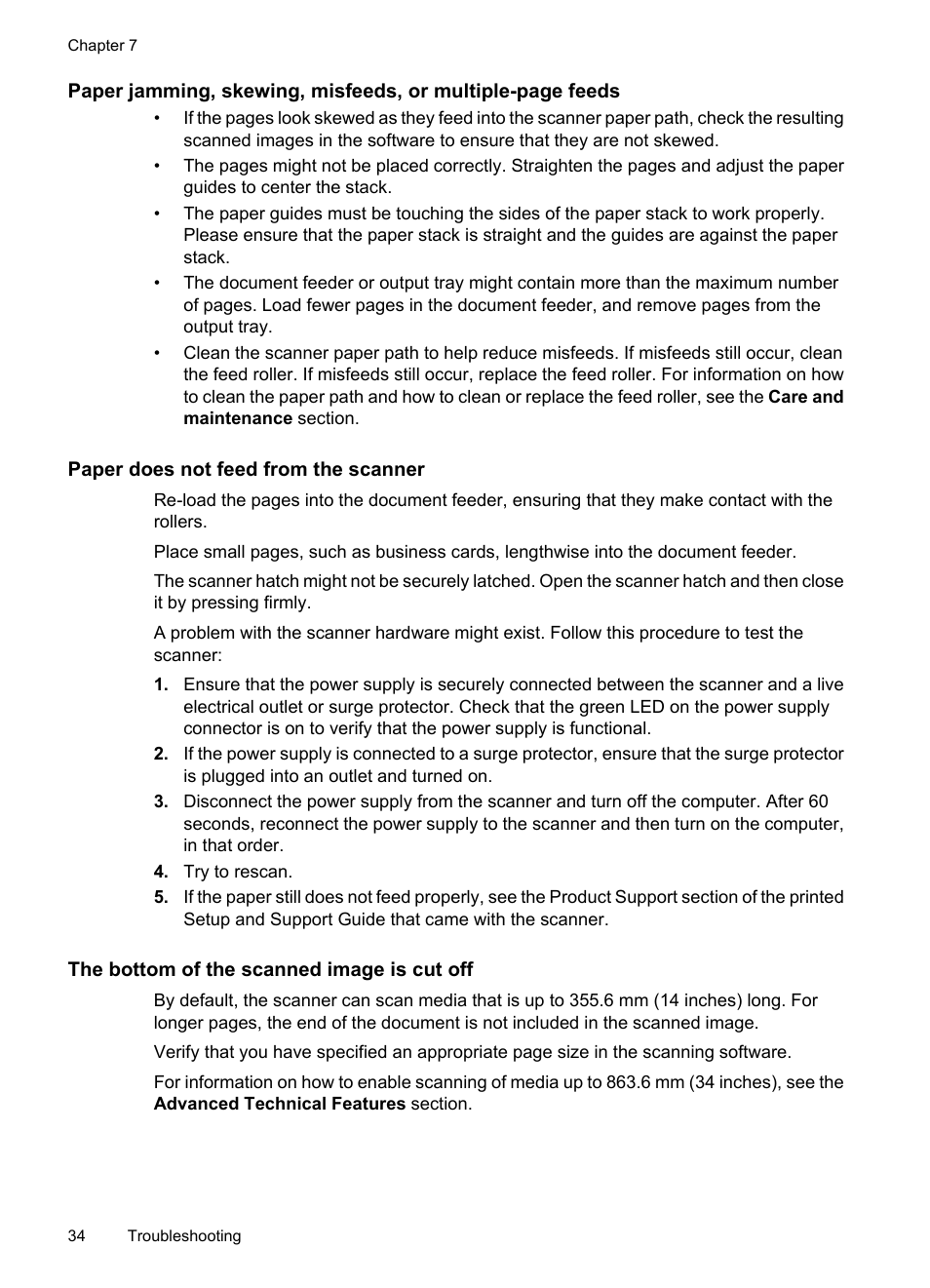 Paper does not feed from the scanner, The bottom of the scanned image is cut off | HP Scanjet N7710 Document Sheet-feed Scanner User Manual | Page 36 / 42