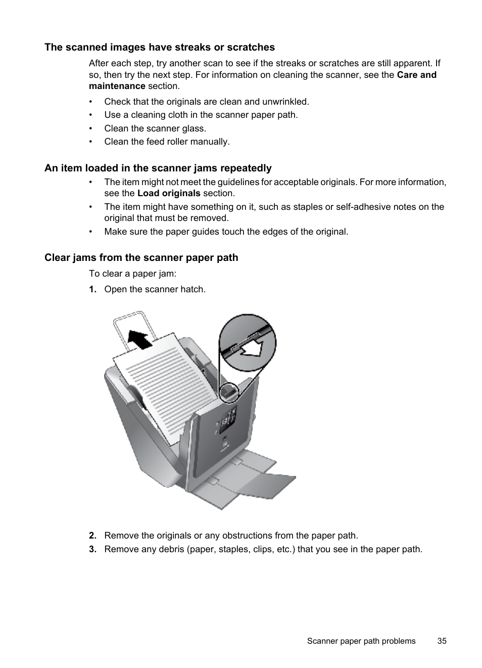 The scanned images have streaks or scratches, An item loaded in the scanner jams repeatedly, Clear jams from the scanner paper path | HP Scanjet N7710 Document Sheet-feed Scanner User Manual | Page 37 / 42