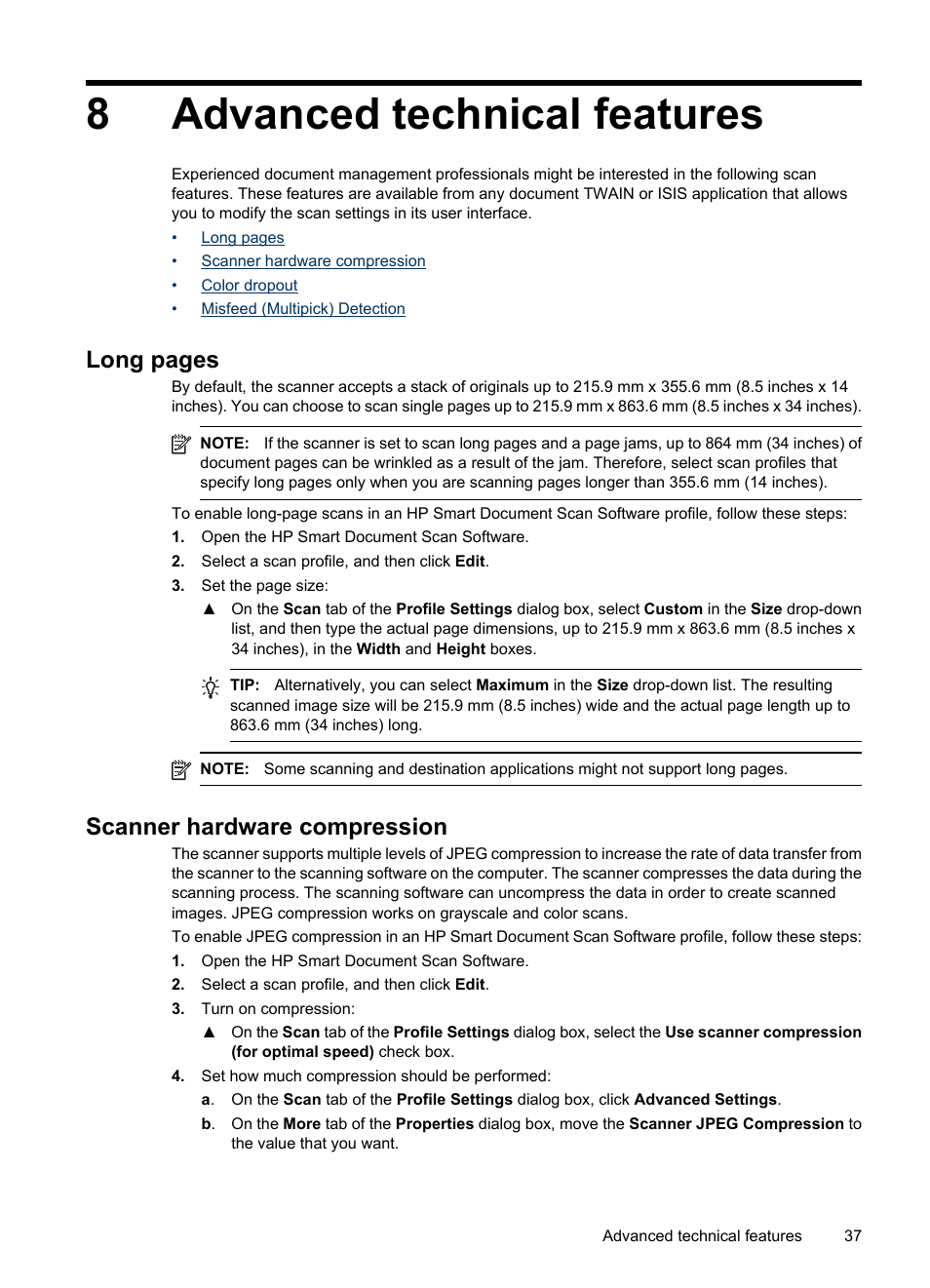 Advanced technical features, Scanner hardware compression, 8 advanced technical features | 8advanced technical features, Long pages | HP Scanjet N7710 Document Sheet-feed Scanner User Manual | Page 39 / 42
