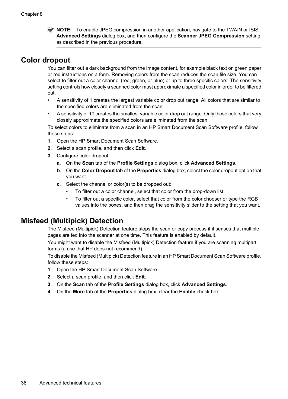 Color dropout, Misfeed (multipick) detection, Color dropout misfeed (multipick) detection | HP Scanjet N7710 Document Sheet-feed Scanner User Manual | Page 40 / 42