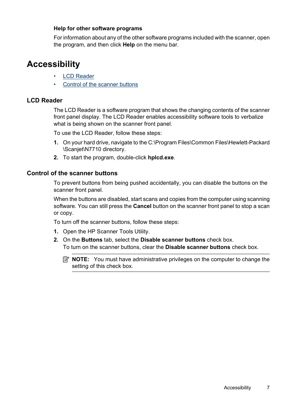 Accessibility, Lcd reader, Control of the scanner buttons | Lcd reader control of the scanner buttons, Help for other software programs | HP Scanjet N7710 Document Sheet-feed Scanner User Manual | Page 9 / 42
