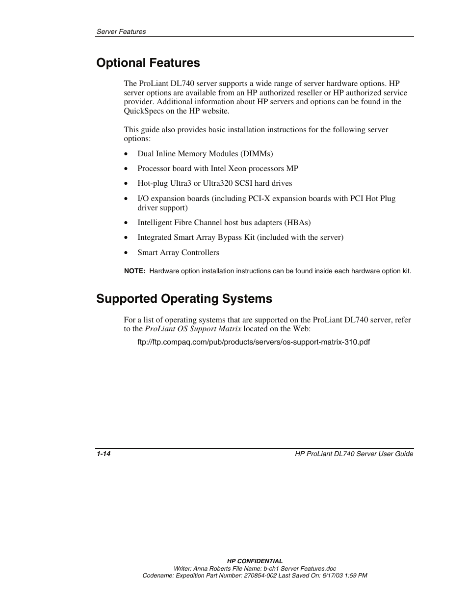 Optional features, Supported operating systems, Optional features -14 | Supported operating systems -14 | HP ProLiant DL740 Server User Manual | Page 31 / 277