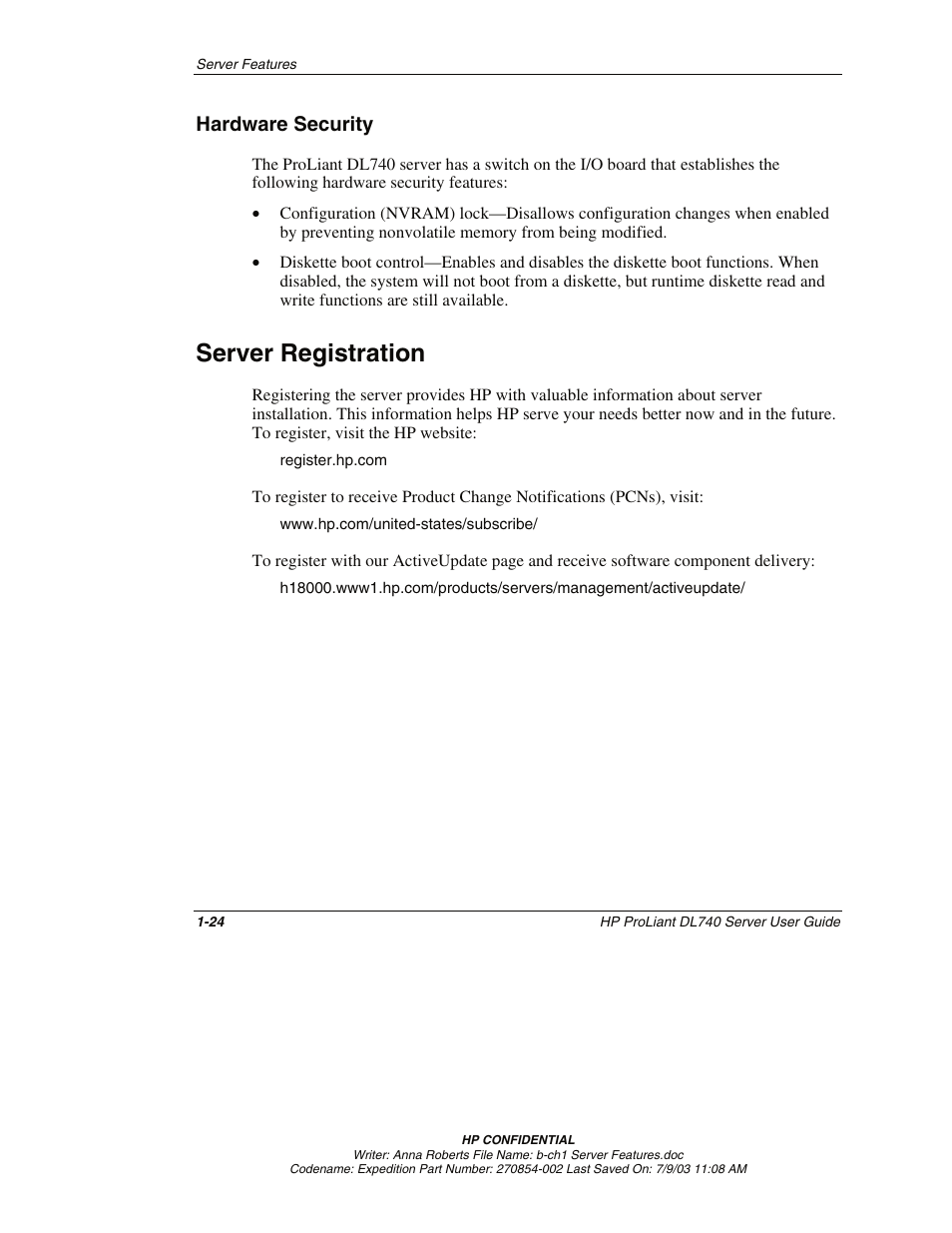 Hardware security, Server registration, Hardware security -24 | Server registration -24 | HP ProLiant DL740 Server User Manual | Page 41 / 277